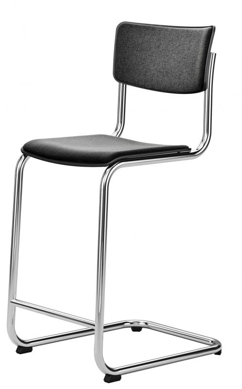S 43 PVHT Thonet Barhocker aus Stahlrohr mit grauem Sitz und Rückenlehne. Klassisches Design.